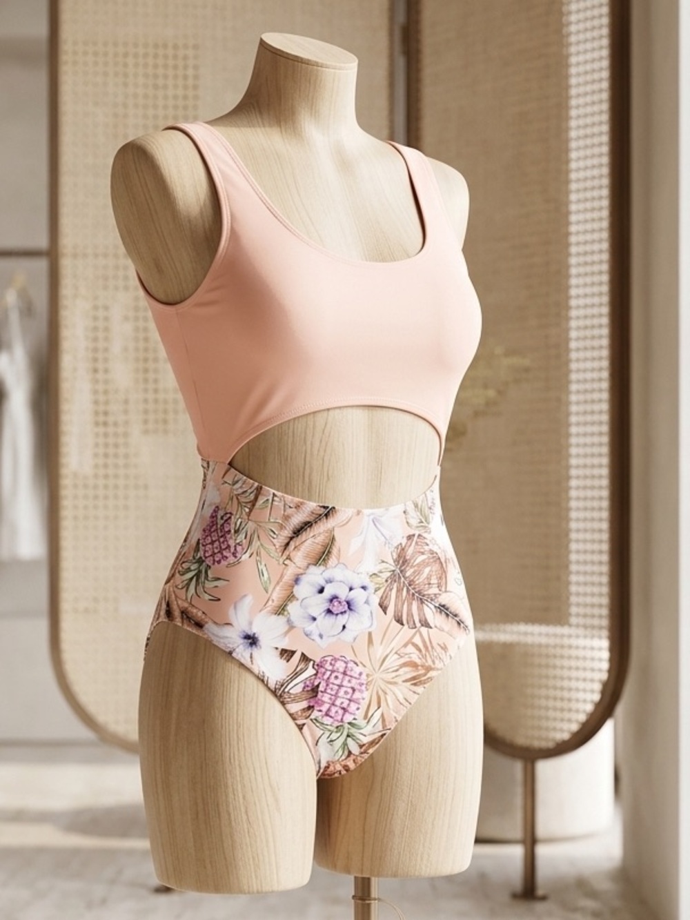 Peach Two-Piece Floral High-Waist Swimsuit